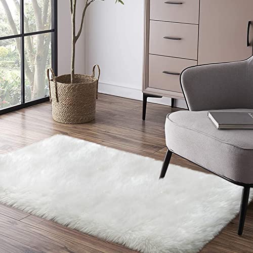 Faux Fur Rug, White Small Fluffy Rug for Sofa Chair Couch Cover 2x4 Feet, Ultra Soft Fuzzy Shag Rug for Bedroom, Indoor Shaggy Plush Floor Carpets Luxury Home Decor for Bedside - color: White, size: 4' x 2' (Rectangular)