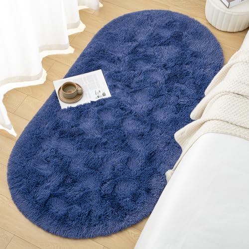 Goideal Fluffy Bedroom Rug, Small Oval Area Rugs, Light Navy Shag Bedside Carpet for Kids Room Nursery Dorm Cute Fuzzy Indoor Decor for Boy and Girl, 2.6 x 5.3 Feet - color: Light Navy