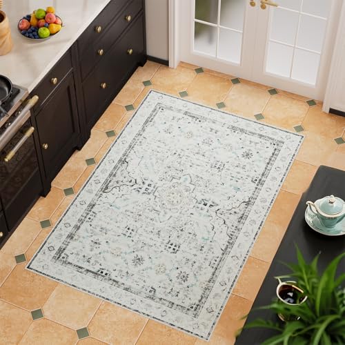 AMTOVO 2x3 Washable Entryway Area Rug Door Mat, Vintage Boho Distressed Print Pattern Non-Slip Carpet, Small Throw Rug for Indoor Entrance Kitchen Bedroom Bathroom Laundry Floor, Light Grey - color: Light Grey, size: 2' x 3' (Rectangular)
