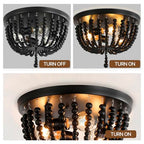 Bohemia Wood Beaded Chandelier, 3-Light Boho Light Fixture, 12.6inch Black Boho Chandelier Flush Mount Ceiling Light Fixtures for Dining Room, Bedroom, Nursery, Girl Room, Hallway and Entryway - color: Black-12.6INCH