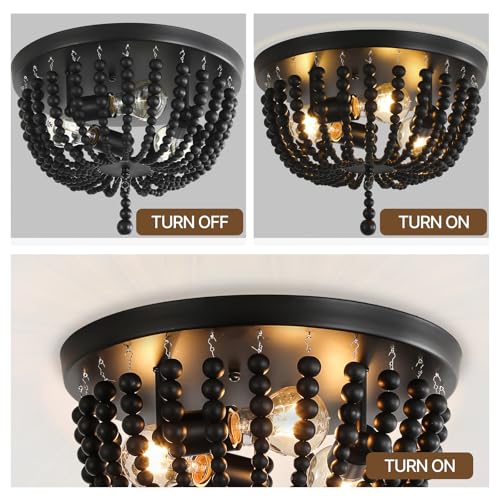 Bohemia Wood Beaded Chandelier, 3-Light Boho Light Fixture, 12.6inch Black Boho Chandelier Flush Mount Ceiling Light Fixtures for Dining Room, Bedroom, Nursery, Girl Room, Hallway and Entryway - color: Black-12.6INCH