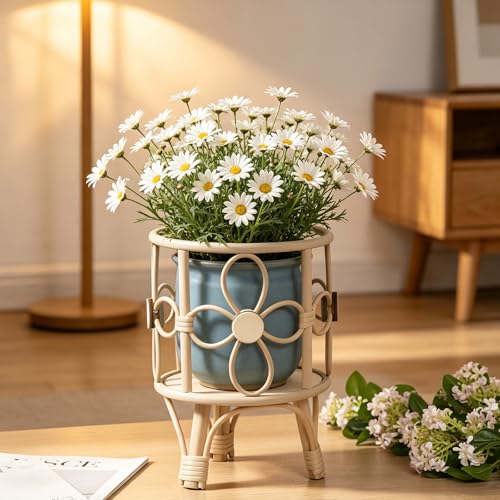 Boho Rattan Plant Stand Indoor Outdoor Floor Wooden Wicker Planter Shelf Baskets with Legs Rustic Farmhouse Rack Flower Pot Holder Vintage Home Decor for Flower Pot Living Room Balcony Display