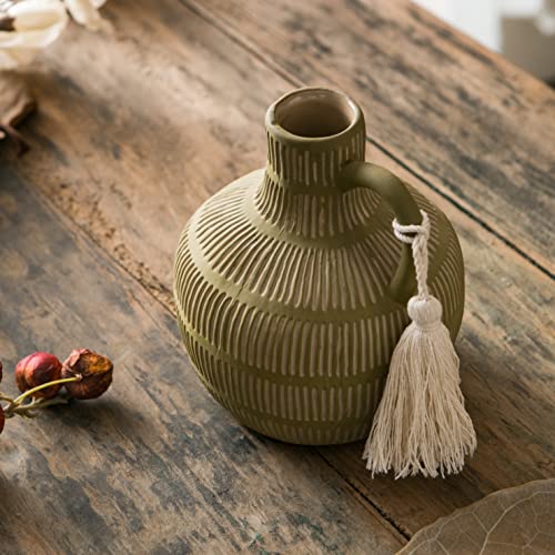 Mowtanco Farmhouse Vase with Handle and Tassel, Grey Yellow Vertical Stripes Design Clay Vase 10'' Tall - Ceramic Flower Vase for Rustic Home Decor, for Fireplace Kitchen Living Room Centerpieces - color: Green