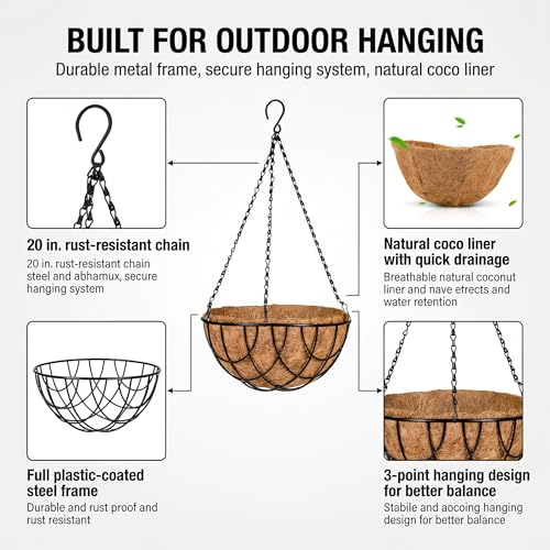 Kingbuy 10 Inch Metal Hanging Planter Basket with Coconut Fiber Liner Round Wire Hanging Plant Flower Pot for Home Garden Patio Decoration, Grid Pattern, 2 Pack - size: 10 Inch, style: Grid