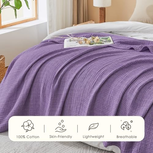 EMME Cotton Muslin Large Throw Blanket Couch Breathable Gauze Soft Lightweight Bed Blankets Adults (Heather Purple, 50"x70") - color: 14 - Purple, size: Large Throw (50" X 70")