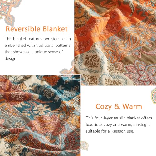 Bailix Boho Throw Blanket for Couch Sofa Bed, 100% Cotton Woven Quilt with Tassel 90”x98”, Super Soft Muslin Blanket with Floral Printed, Decorative Reversible Bed Blanket/Cover for All Seasons - color: A - Patchwork, size: Super Queen-90" X 98"