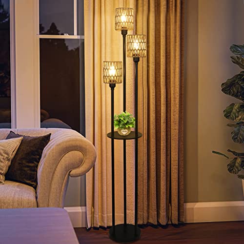 Boho Floor Lamp with Shelves, 3-Lights Farmhouse Tall Floor Lamp with ON/Off Foot Switch, Rustic Standing Lamp with Rattan Shades for Living Room Bedroom Office - style: Black-Rattan Shade