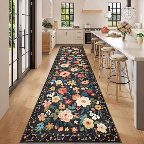 DUKINO 3x12 Washable Runner Rug, Non Slip Soft Floral Hallway Runner Rug with Non Shedding Design, Low Pile Long Floor Carpet for Kitchen, Hallway, Bathroom, Entryway, Laundry, Black - color: Black, size: 3' x 12' (Rectangular)