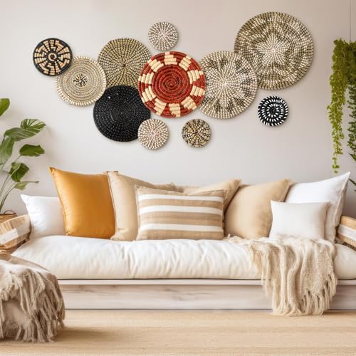Tatuo 11 Pcs Boho Wall Basket Decor Bulrush Woven Wall Hanging Art Round Farmhouse Rustic Handmade Wicker for Summer Home, Bedroom, Living Room, Kitchen Decorations, Multi Sizes(Dark) - style: Dark