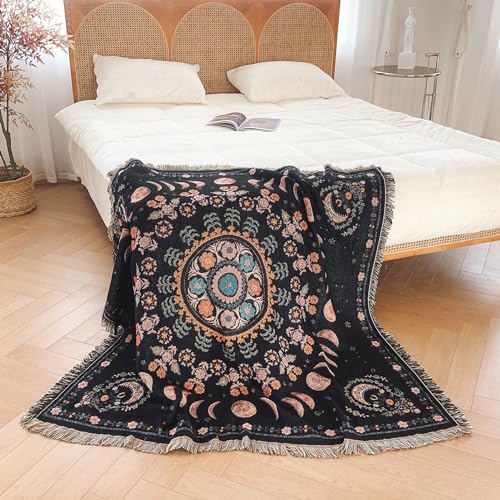 Boho Throw Blanket Reversible Cotton Bohemian Tapestry Hippie Room Decor Double Sided (Lunar Eclipse Black 50"x60") - color: Boho Lunar Eclipse Black 2, size: 50*60 inch