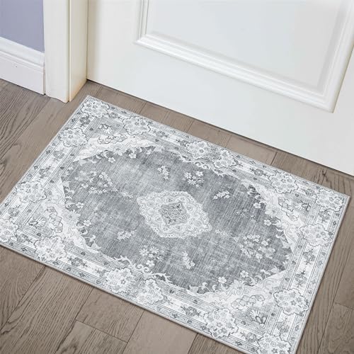 MUJOO Grey Rug 2'x3',Small Washable Area Rugs for Entryway Kitchen Bathroom Bedroom,Boho Vintage Bohemian Distressed Farmhouse Non Slip Carpet, Floral - color: Grey, size: 2' x 3' (Rectangular)