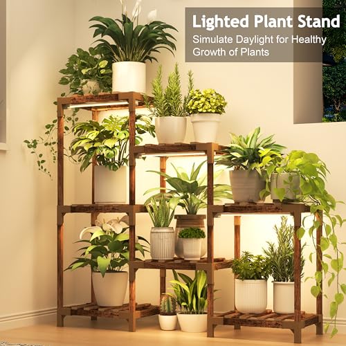 HOMKIRT Plant Stand with Grow Light, Plant Shelf Indoor for Mutiple Pots, 7 Tiers Wood Plant Ladder Holder Flower Stand for Corner Living Room Patio Boho Home Decor
