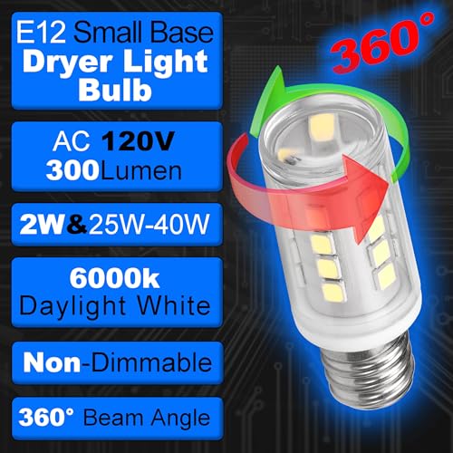 Dryer Light Bulb 120V 10W 25W 40W Equivalent WE05X20431 WP22002263 Appliance Bulb E12 Candelabra Base 2W 300lm 6000K Daylight White for Dryer Drum Water Ice Dispenser Refrigerators Bulb, 2 Pack - color: 6000k Daylight White, size: 2 Watt-Non-dimmable-2 Pa