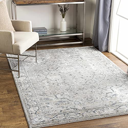 Hauteloom Claridge Living Room, Bedroom Area Rug - Medallion Floral Distressed Border Abstract - Traditional Oriental Transitional Turkish Farmhouse - Teal, Medium Gray, Beige, Gray, Blue - 2' x 2'11" - color: Teal, Medium Gray, Beige / Bushnella, size: 1
