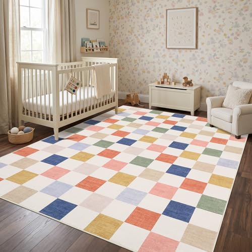 GarveeHome Checkered Nursery Kids Boy Playroom 5x7 Washable Rug Geometric Modern Soft Low-Pile Stain Resistant Rug for Bedroom Living Room Entryway Non-Slip TPE Backing - color: Colorful, size: 5' x 7' (Rectangular)
