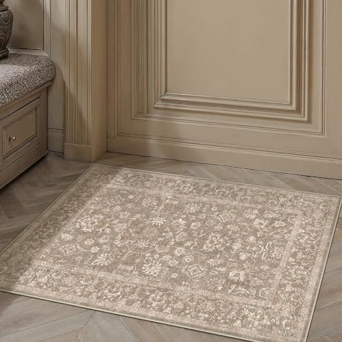 PureCozy 2x3 Deep Brown Entryway Area Rug Machine Washable Door Mat Kitchen Vintage Distressed Non Slip Carpet Indoor Retro Floral Accent Throw Small Rug for Bathroom Office Bedroom Living Dining Room - color: Taupe, size: 2' x 3' (Rectangular)