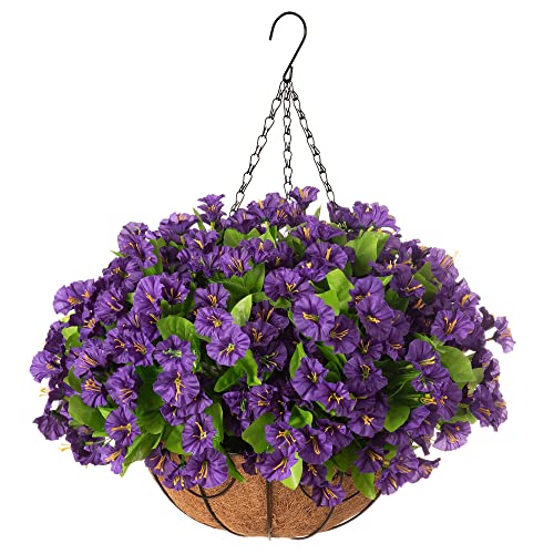 Ammyoo Artificial Hanging Flower Plants with Basket for Spring Summer Outdoor Decoration, Faux Petunias Flowers Fake Morning Glories Planter for Outside Patio Garden Porch Balcony Yard Decor(Purple) - color: Purple