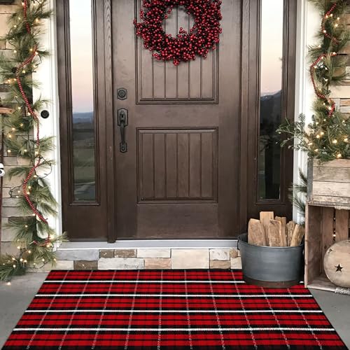 CAINANEL Buffalo Plaid Outdoor Rug Christmas Door Mat Christmas Decor Welcome Rug Cotton Hand-Woven Layered Door Mats for Front Porch, Kitchen, Farmhouse, Entryway (35.4''x59'', Red/Black/White) - color: Red/Black/White Plaid, size: 3' x 5' (Rectangular)