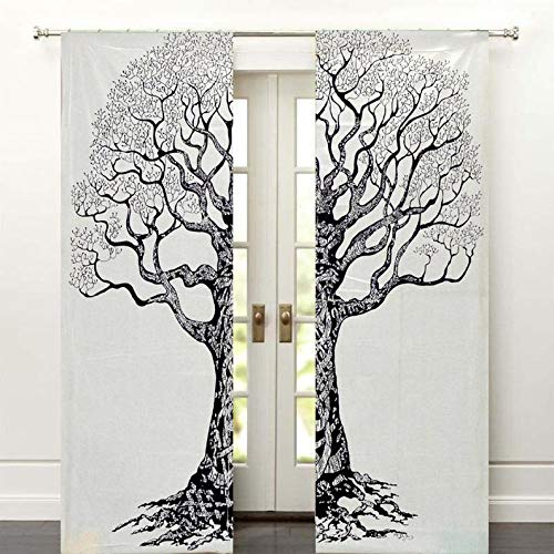 Indian Mandala Tree of Life Cotton Window Door Curtains Handmade Door Curtains Wall Hanging Hippie Balcony Wall Drapes Boho Window Treatment Decor Room Divider Sheer Wall Panel - color: White, size: 52"W x 82"L (Pack of 1)