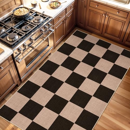 Checkered 3x5 No Shed Jute Rug: Machine Washable Non Slip Rugs for Entryway Front Porch Kitchen - Door Mat Area Rug Farmhouse Neutral Non Shedding - Carpet for Bedroom Living Room (Black,3x5) - color: Black, size: 3' x 5' (Rectangular)
