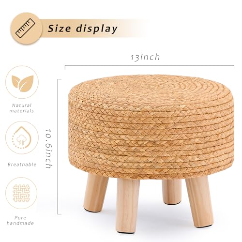 Handwoven Round Ottoman, Natural Water Hyacinth Outdoor Patio Pouf Seagrass Low Stool with Wood Legs, Soft Padded Footrest for Living Room Bedroom Garden, Natural - color: Natural, size: 13"D x 13"W x 10.6"H
