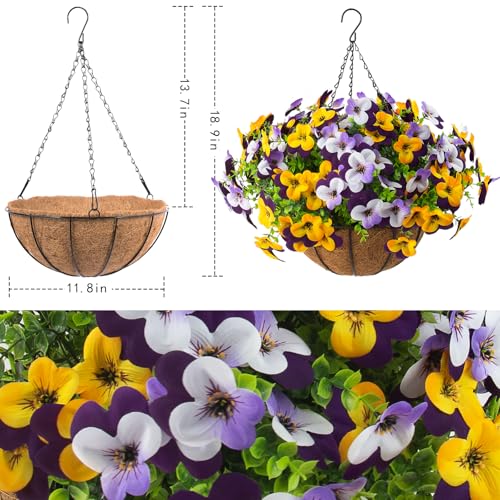2 Set Artificial Outdoor Pansy Flowers with Hanging Baskets, 2 Hanging Baskets with 24 Pcs Silk Flowers for Spring Easter Decorations Porch Patio Home Decor (2, Purple, Yellow, White, Light Purple) - color: Purple, Yellow, White, Light Purple