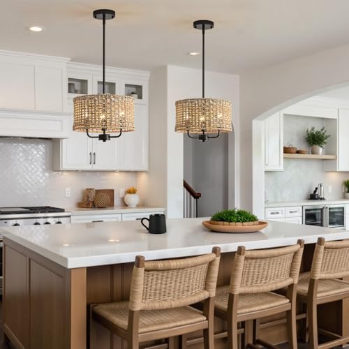 3-Light Rattan Chandelier for Dining Room, Boho Chandelier, Coastal Hand Woven Pendant Light Fixture for Kitchen Island Entryway Foyer Living Room Bedroom UL Listed Black - color: Black, size: 12.6"