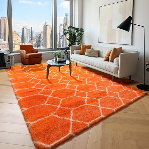 ONASAR Area Rugs for Bedroom Living Room, 4x6 Fluffy Orange and White Throw Rug, Geometric Soft Shaggy Fuzzy Plush Indoor Floor Carpet for Kids Teen Nursery Dorm Office Home Decor Aesthetic - color: Orange / White, size: 4' x 6' (Rectangular)