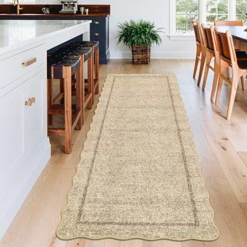 GarveeHome Scalloped Washable Runner Rug 2x6 Runner Modern Kitchen Runner Rug Non Slip Farmhouse Entryway Rug Soft Bathroom Rugs Stain Resistant Carpet for Laundry Bedroom 2 ft x6 ft Jute - color: Jute, size: 2' x 6' (Runner)