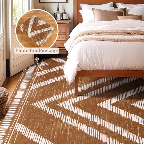 Boho Brown Area Rugs 8x10ft Non Slip, Large Low Pile Washable Rugs for Living Room, Soft Bedroom Area Floor Carpets for Dining Room Kids Nursery Playroom Farmhouse Office - color: Brown, size: 8' x 10' (Rectangular)