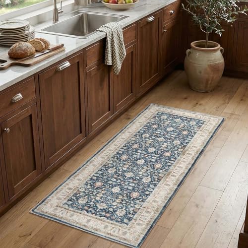 jinchan 2x5 Washable Vintage Runner Rug, Distressed Traditional Floral Hallway Runner, Soft Low-Pile Non-Slip Floor Mat for High-Traffic Kitchen Entryway Laundry Room Bathroom Vanity, Blue - color: Oriental Beige on Dark Blue, size: 2' x 5' (Runner)