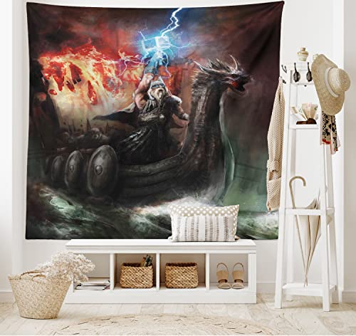 Ambesonne Dragon Tapestry, Imaginary Wrath of Vikings Royal Boat Animal Head Storm Rays, Wide Wall Hanging for Bedroom Living Room Dorm, 60" X 40", Charcoal Grey Red - color: Charcoal Grey Burnt Sienna, size: 60"L x 40"W