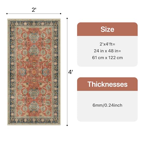 Bavni 2x4 Washable Entryway Rug, Vintage Distressed Accent Door Mat Non Slip, Low Pile Soft Coral Red Blue Carpet Stain Resistant, Small Thin Floral Area Rugs for Bathroom, Laundry, Kitchen, Nursery - color: Coral Blue, size: 2' x 4' (Rectangular)