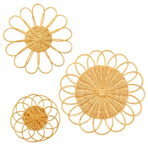 Weysat Sunflower Boho Wicker Wall Decor Baskets Set of 3, 11.81 Inch Round Macrame Wall Hanging, Rattan Rustic Art Country Style for Bathroom Living Room Garden Office Nursery Decor