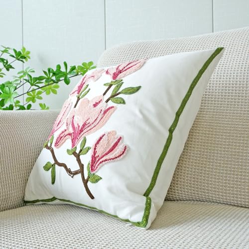 vctops Farmhouse Magnolia Flower Cotton Tufted Throw Pillow Cover Spring Floral Embroidery Pillowcase Soft Square Cushion Case for Sofa Couch Bed Chair (Pink E,18"x18") - color: Pink E