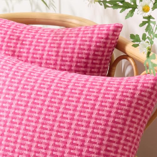 UGASA Valentines Outdoor Waterproof Pillow Covers Pack of 2 Weaving Texture Water Resistant Outside Decorative Pillow Cases for Patio Garden Porch Yard Bench Tent 18x18 Inch, Hot Pink - color: Hot Pink, size: 18" x 18" (Pack of 2)