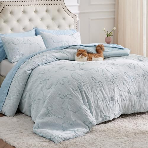 Bedsure Dusty Blue King Size Comforter Set, GentleSoft™ 3 Pieces Breathable Bow Comforter Set Women with 2 Pillow Shams, Cute King Bedding Set Room Decor Aesthetic Bedroom Decor, 104x90 Inches - color: 01 - Bow Dusty Blue, size: King (104" x 90")