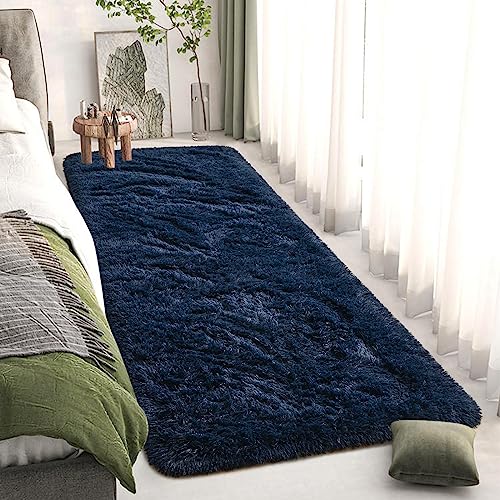 DweIke Fluffy Navy Blue Runner Rugs for Bedroom, 2x6 Feet Soft Plush Long Runners for Girls Boys Kids, Non-Slip and Machine Washable Bedside Rug, Small Throw Carpet for Hallway Rooms Decor - color: Navy Blue, size: 2 Ft X 6 Ft