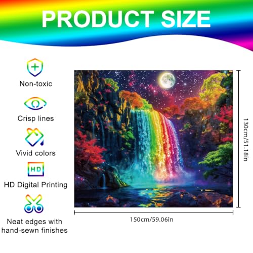 CRAFTYMELODY Rainbow Waterfall Blacklight Tapestry Glow in the Dark Tapestry UV Reactive Lake Moon Wall Hanging 59×51 Inch with Hook Self Adhesive Sticker Clip for Bedroom Home Wall Decoration - color: Rainbow Waterfall