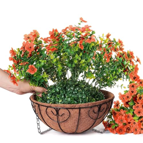 HyeFlora Artificial Fake Fall Hanging Plants Flowers Basket for Outdoor Decor, Faux Silk Orange Mums Daisy in Planter Look Real UV Resistant for Autumn Porch Home Patio Garden Yard Decoration - color: Orange