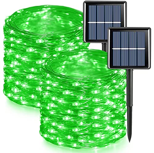 QITONG Green Solar Fairy Lights, 2 Pack Each 66ft 200 LED String Light Outdoor Waterproof, Silver Wire Christmas Twinkle Mini Lights with 8 Modes - color: Green