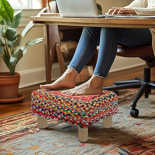 COTTON CRAFT Multi Chindi Footrest - Braided Cotton Rag Rug Foot Stool Ottoman with Sturdy Wood Legs – Handmade Boho Leg Rest - Small Spaces Under Desk Living Room Entryway Low Footstool - 16.5x12x9.5 - color: Cotton - Multi