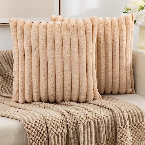 ZLINA Set of 2 Apricot Faux Fur Decorative Throw Pillow Covers Fluffy Striped Pillowcase Cushion Covers 16 x 16 Inch Decor Sofa Couch Bedroom - color: Apricot, size: 16" x 16" (Pack of 2)