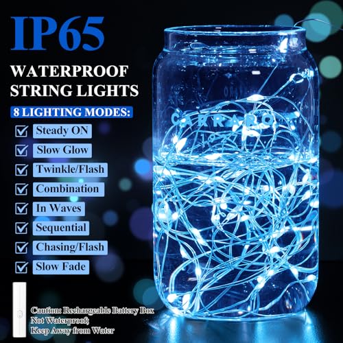 Lakumu 32FT(16×2) Blue Fairy Lights, Rechargeable Battery Operated LED String Lights with Timer, 8 Modes Waterproof Mini Twinkle Lights for Bedroom Christmas Wedding Centerpiece Table Decor - color: Blue, size: 32FT(16FT*2)