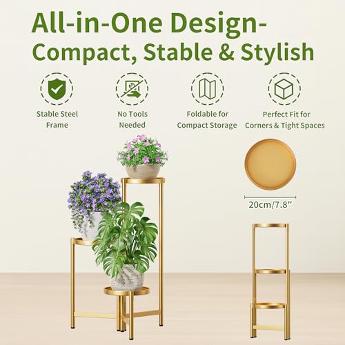 3 Tier Gold Plant Stand Indoor with 7.9 Inch Wide Tray, 3-Tiered Corner Metal Outdoor Flower Holder Stand, Folding Tall Rack for Display Shelf for Patio Porch Balcony - GoldDisk - color: GoldDisk, size: 3-tiers