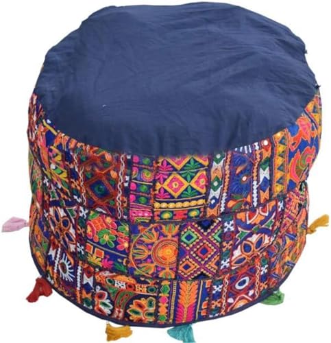 Indian Pouf Footstool Ethnic Embroidered Pouf Cover, India Cotton Round Pouffe Ottoman Pouf Cover Pillow Ethnic Decor Art-Cover Only-Indian Ottoman poufs - color: Blue Rajkoti, size: 18"D x 18"W x 14"H