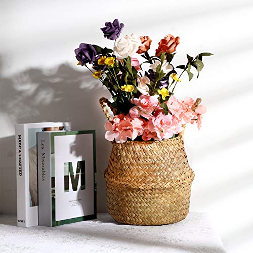 Patelai 3 Set Seagrass Belly Storage Basket Woven Plant Pot Holder with Handles for Plants Picnic Grocery Laundry(Natural Color)