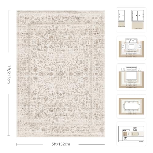 5x7 Area Rugs, Washable Vintage Retro Floral Rug for Living Room, Low Pile Non Slip Distressed Large Carpet for Bedroom, Dining Room, Office, Home (Light Brown) - color: E-light Brown, size: 5' x 7' (Rectangular)