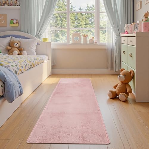 jinchan Solid Plush Runner Rug 2x6 Performance Shaggy Washable Hallway Rug Soft Modern Faux Wool Cozy Non Slip Carpet for Bedroom Laundry Room Living Room Kids Nursery Pink - color: Solid Pink, size: 2' x 6' (Runner)