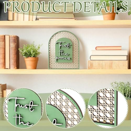 Honoson Boho Shelf Decor Trust The Process Wooden Standing Sign Inspirational Hollow Arched Table Decoration Sage Green Natural Wood Tabletop Decoration for Home Office Bedroom Living Room Shelf Decor